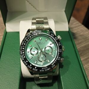 Silver and Green Chronograph Watch